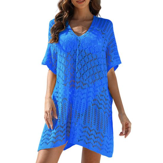 Women's Mesh Crochet Swimwear Cover-Up V-Neck Short Sleeve Hollow Out Beachwear Loose Fit Bikini Cover Up Dress for Vacation Travel