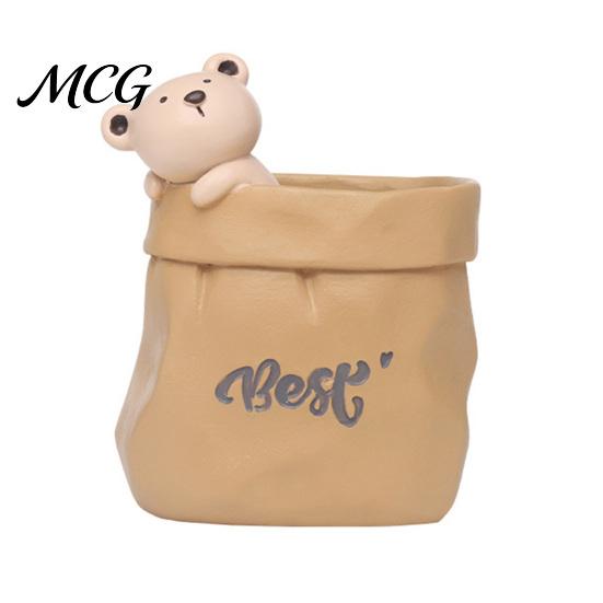 Pen Holder Wrinkled Paper Bag with Animal Decor, Resin Desk Cup Organizer & Succulents Planter, Cute Stationery Gift for Students Office Soft