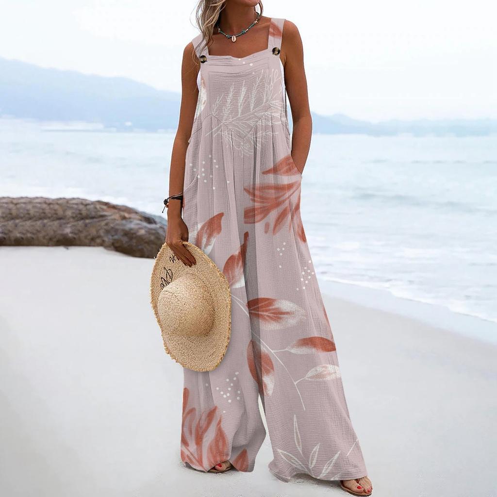 Женские комбинезоны, повседневные комбинезоны с широкими штанинами и принтом, комбинезоны без рукавов с карманами, наряды