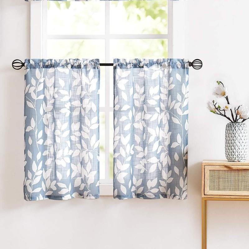 Sheer Short Curtain Panel With Minimalist Leaf Print Cafe Kitchen Window Decor In Navy Blue