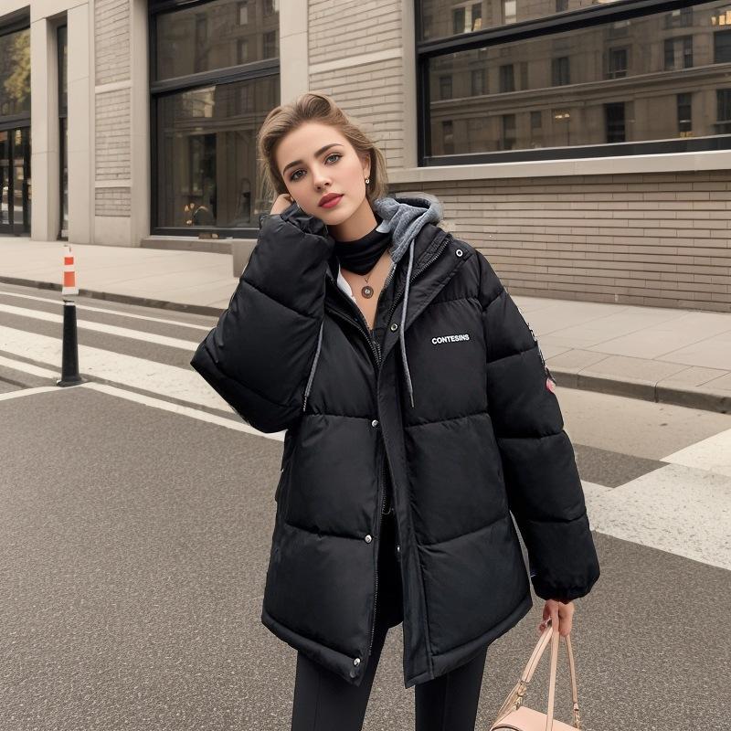 Winter thickened warm fake two-piece cotton-padded jacket female fat MM loose hooded cotton-padded jacket