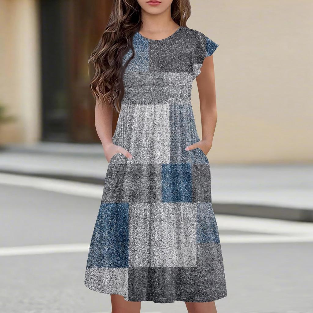 Детская юбка с круглым вырезом, плиссированная, с коротким рукавом, юбка принцессы, модное повседневное платье с карманами для девочек