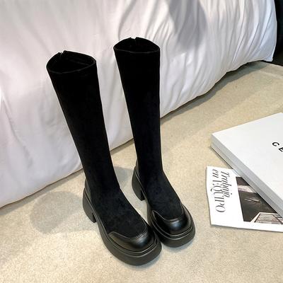 Эластичные ботинки на толстой подошве, тонкие ботинки, более высокие маленькие ботинки, но каблуки до колена, тонкие ботинки-чулки с высокой молнией сзади