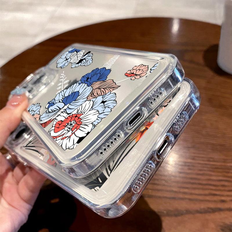 Flower Clear Color Cover For Iphone 16 15 14 Plus 13 12 11 Pro Max 7 8 Plus Xs Max Xr 13 12 Mini Full Camera Protective Silicone Shockproof Soft Case