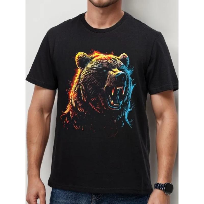 Мужская футболка с коротким рукавом и круглым вырезом с мультяшным принтом медведя, летняя