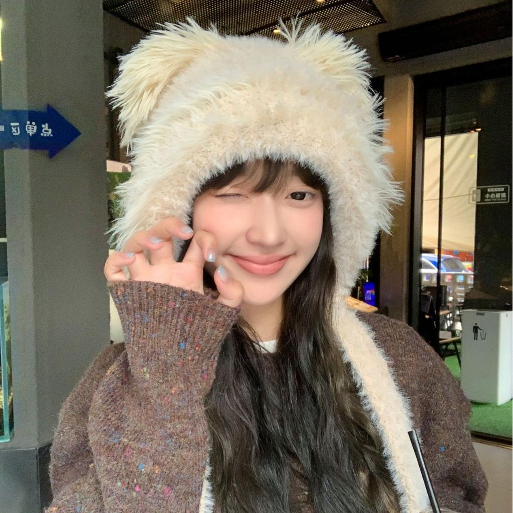 Осенне-зимняя новая женская вязаная шапка с милым плюшевым медведем, утолщенная теплая и морозостойкая шерстяная шапка, повседневная шапка