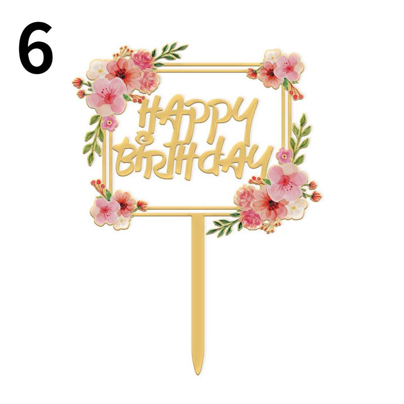 Flowers Cake Topper Happy Birthday Gold Silver Birthday Party Cake Insert Acrylic Cake Decoration Wedding Cakes Dessert Decor