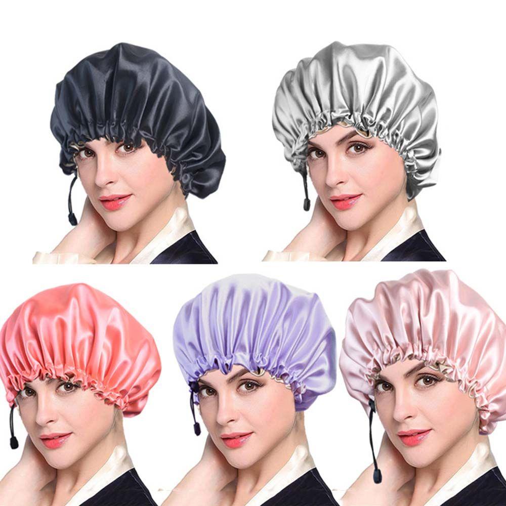 Care Adjustable Springy Double Layer Night Hair Cap Shower Cap Sleep Bonnet Reversible Satin Bonnet
