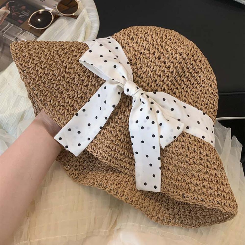 Wide Brim Straw Hat Polka Dot Sunshade Hat Fashion Sunscreen Hat Seaside Beach