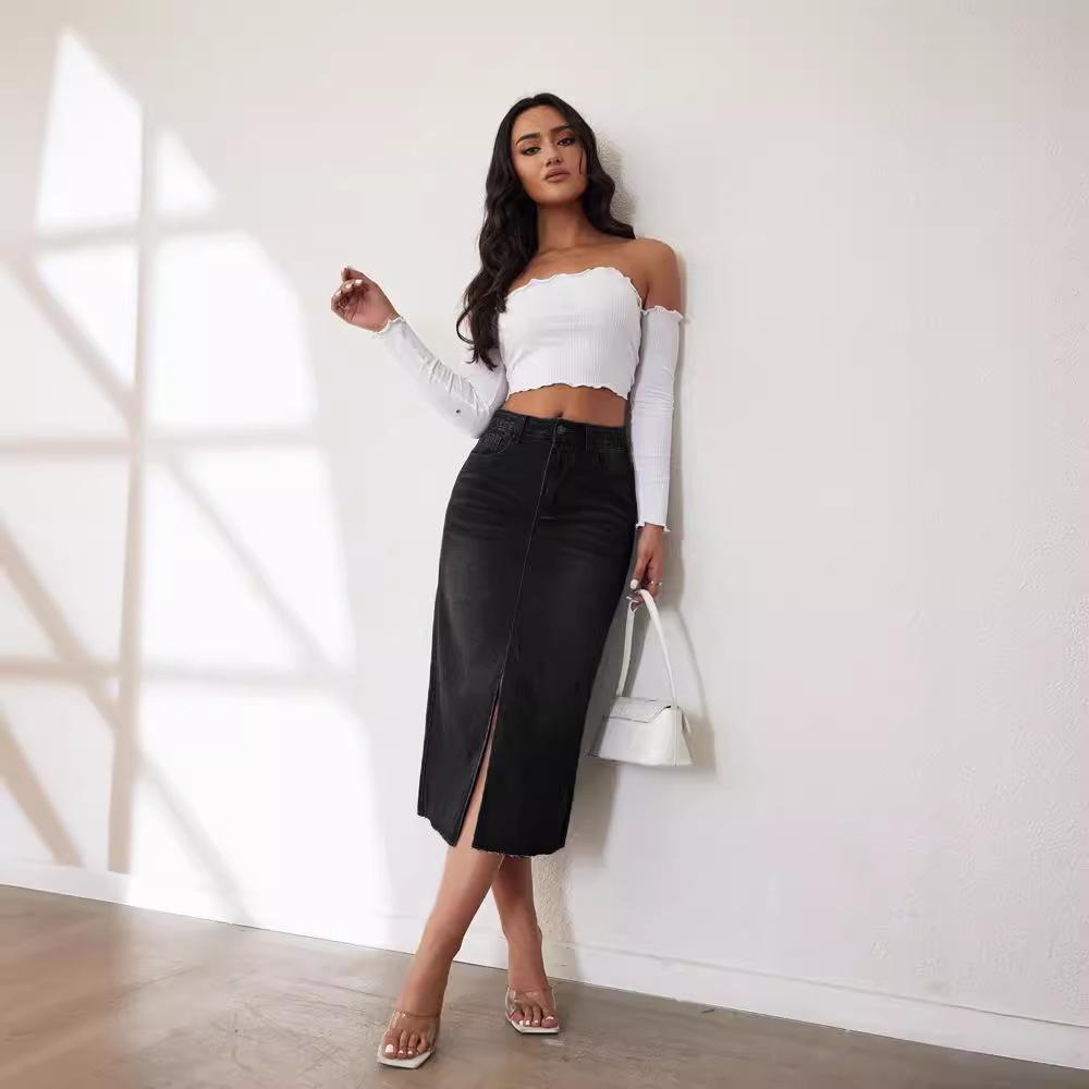 Женская джинсовая юбка, винтажная эластичная джинсовая полуюбка средней длины с разрезом, полуюбка