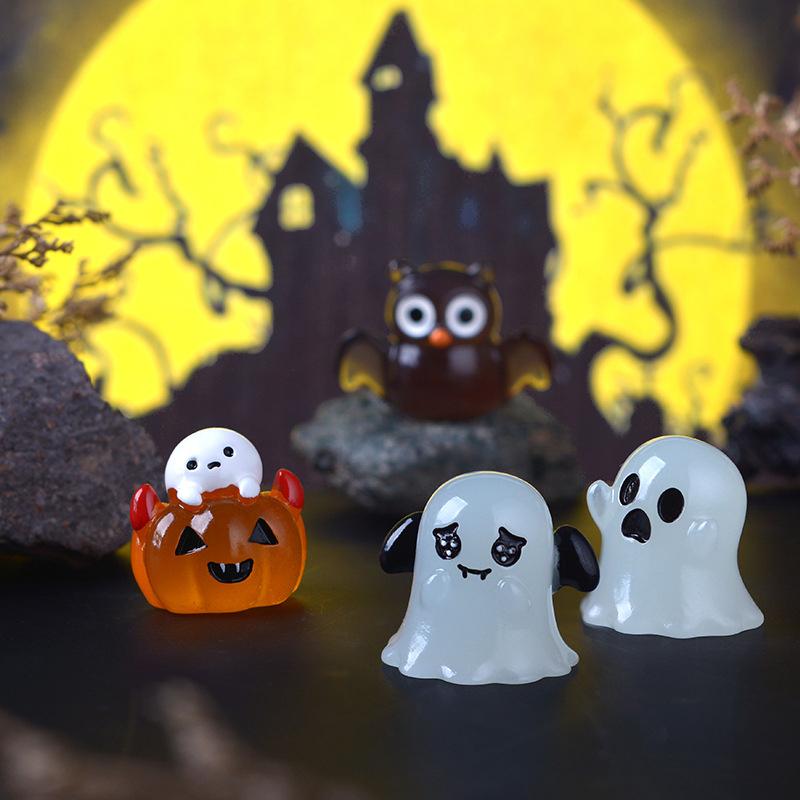 6Pcs/set Luminous Halloween Ornament Cartoon Owl Ghost Pumpkin Doll Micro Landscape Decoration Dollhouse Miniature Toy