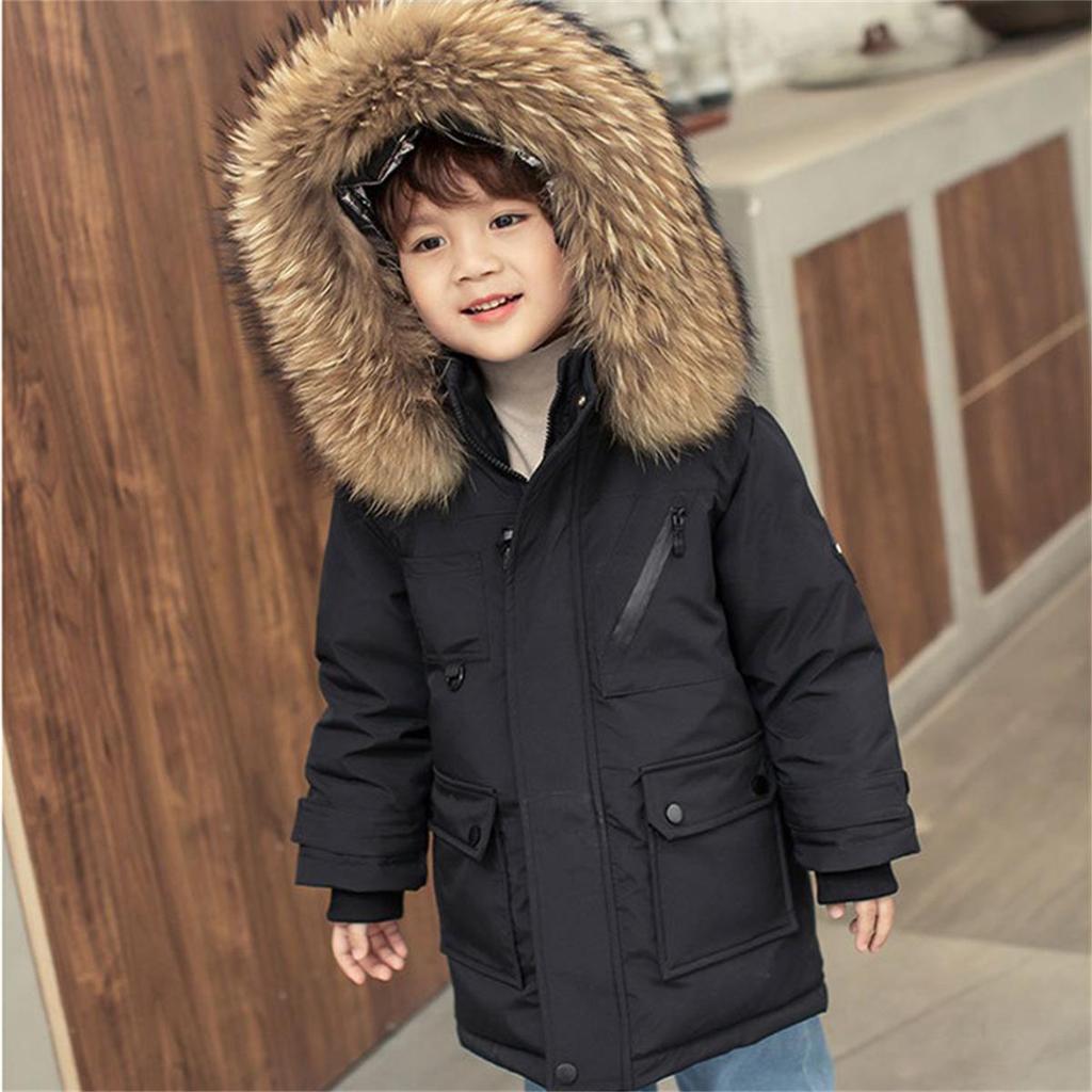 Winter Boys White Down Jacket Coat Baby Fur Collar Hooded CottonThicken Warm Soild Color Jacket For Children's Outwear Kids Clothes