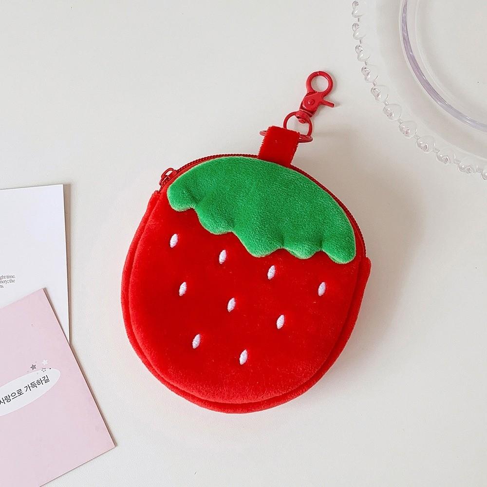 Multi-functional Strawberry Wallet Soft Cartoon Campus Card Storage Bag Hanging Earphone Lipstick Storage Pouch for Women Girls