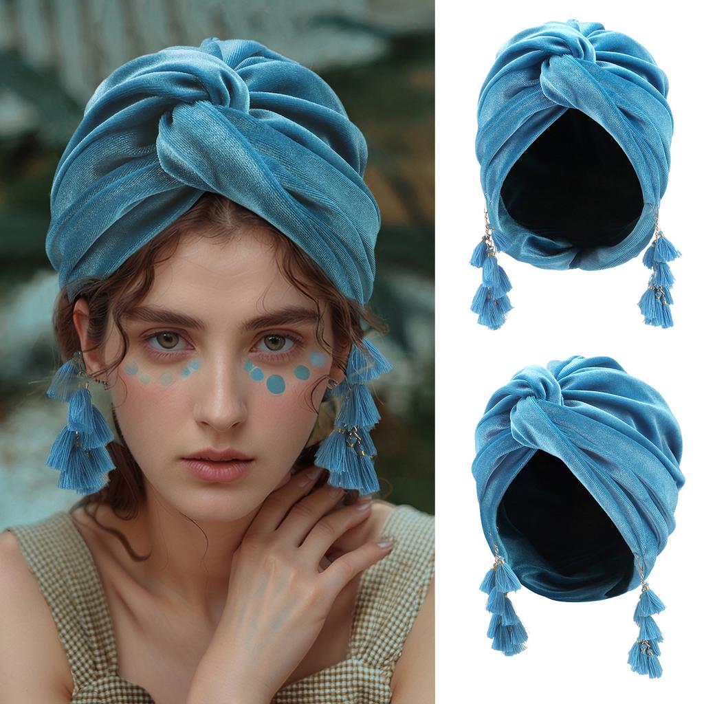 New Spring Women's Bohemia Velet Turban Tassel Head Wrap Cap European American Retro Style Boho Cross Beanie Hat