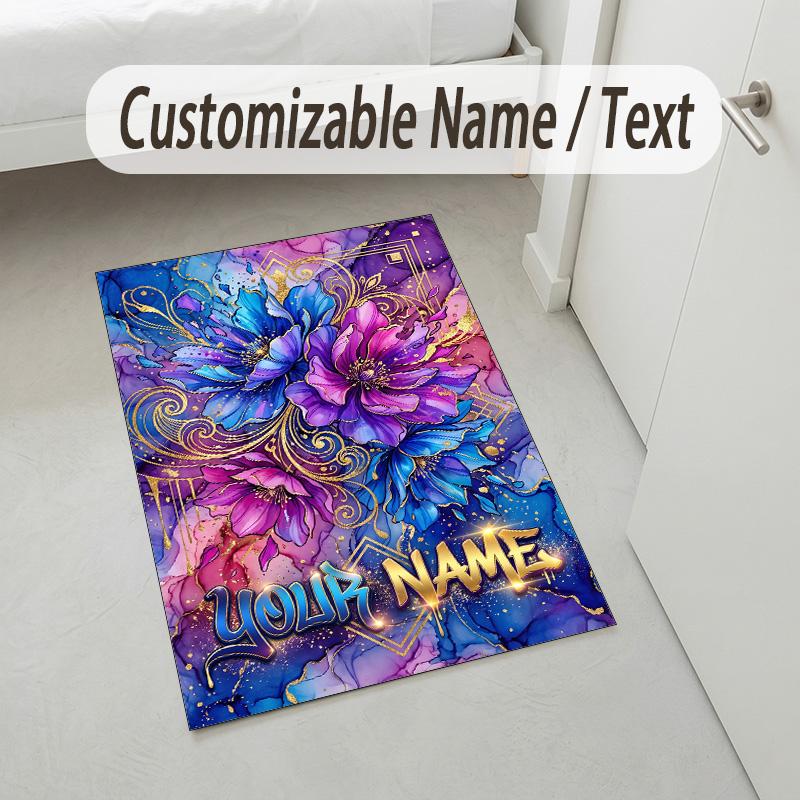 Floral Garden Theme Crystal Velvet Rug Personalized Custom Name Text Soft Floor Mat Home Decor