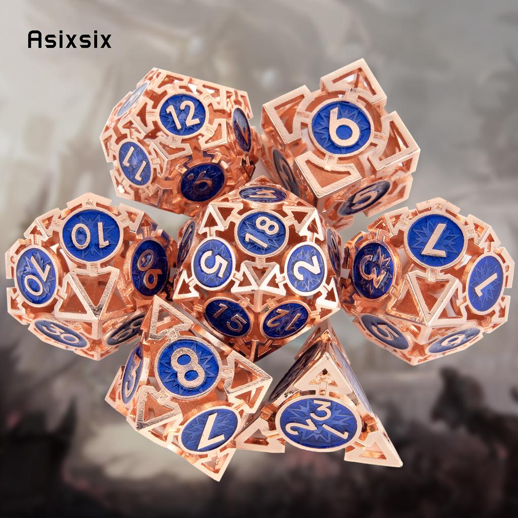 7 Pcs  Copper Blue Metal Dice Circular Hollow Metal Polyhedral Dice Set Suitable for Role-Playing RPG  Board Game Card Game