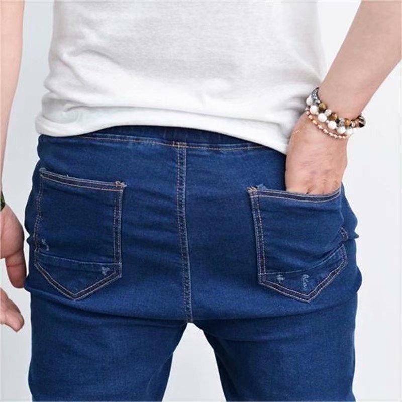 Простые эластичные облегающие мужские брюки, эластичный пояс на кулиске, модные брюки-деним с манжетами, мужские