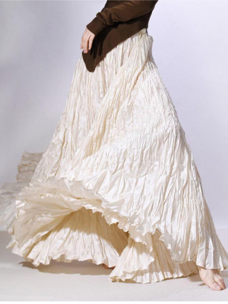 Женская текстурированная плиссированная юбка Весна 2026 - Высокая талия, Широкий подол, Длина макси, Простой стиль