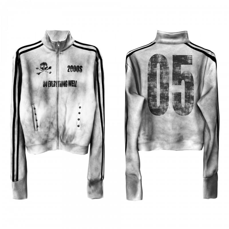 Unisex Streetwear Stand Collar Jacket With Distressed Skull Print Water Washed Casual Outerwear Fall