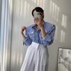 Spring Lapel Contrasting Stripe Design Loose Casual Long Sleeved Shirt for Women's Top