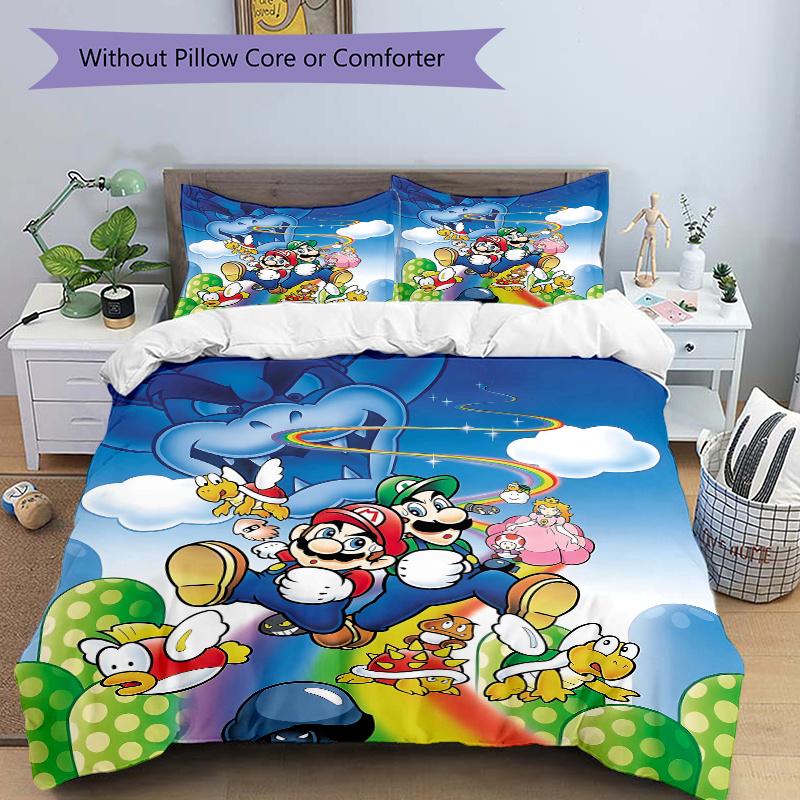 Постельное белье с принтом персонажей Mario Bros, 3 предмета (1 Пододеяльник + 2 Наволочки, Без Наполнителей), Этот постельный комплект с принтом мягкий и удобный, С