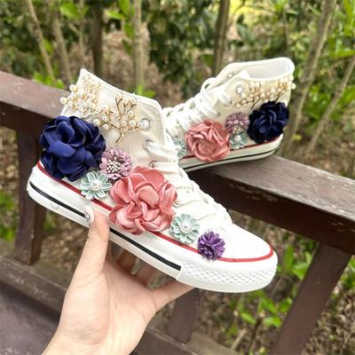 Новые высокие парусиновые туфли женские модные повседневные туфли с жемчугом Студенческие туфли Harajuku в гонконгском стиле с цветочным принтом модные женские туфли