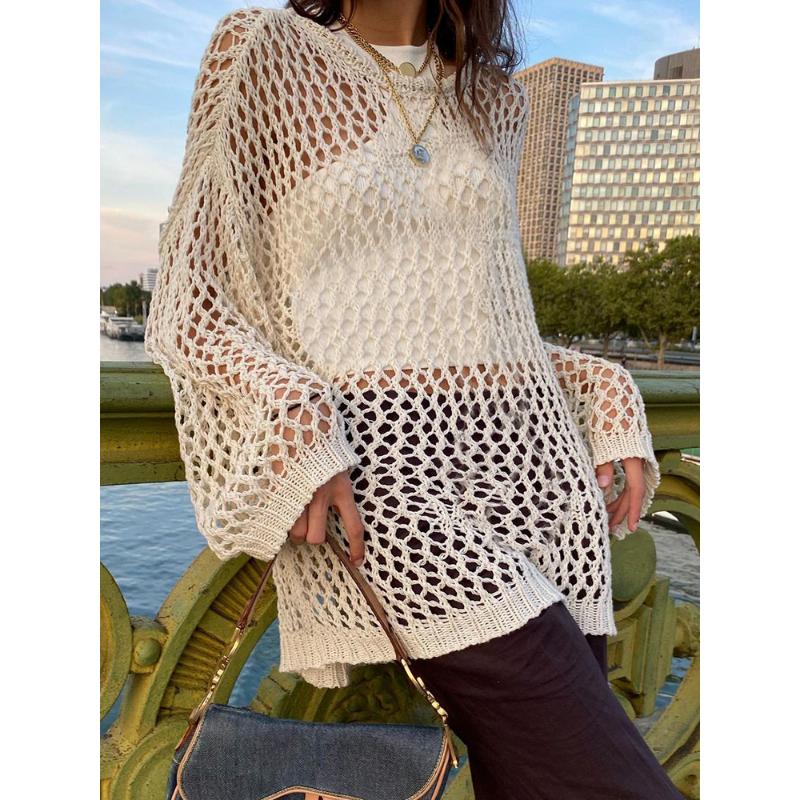 Уличная одежда, пуловер, женский винтажный повседневный вязаный свитер, футболка с длинным рукавом Y2K, ажурный халат, топы, свободные пуловеры, модная футболка