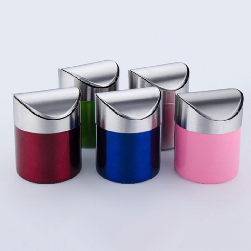 4 Colors Stainless Steel Mini Car Rubbish Bin Detachable Rolling Cover Dust Trash Bin Desktop Trash Bin Home Office Trash Can