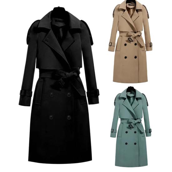 Женское пальто осень-зима с отложным воротником с поясом Элегантный однотонный двойной карман с длинными рукавами Толстая теплая офисная женская куртка средней длины Верхняя одежда