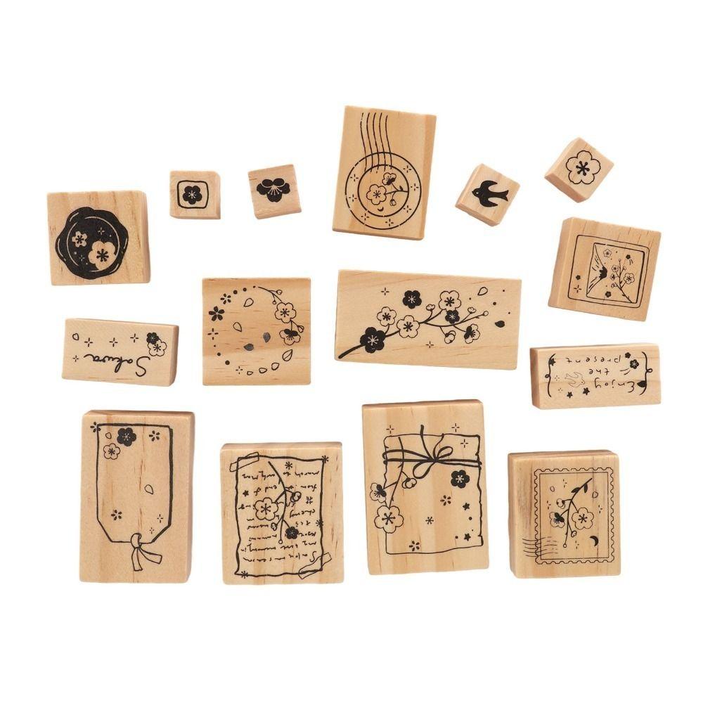 16pcs Delicate Carving Wooden Rubber Stamp Set Clear Imprint Rectangle Stamp Set For DIY Crafts