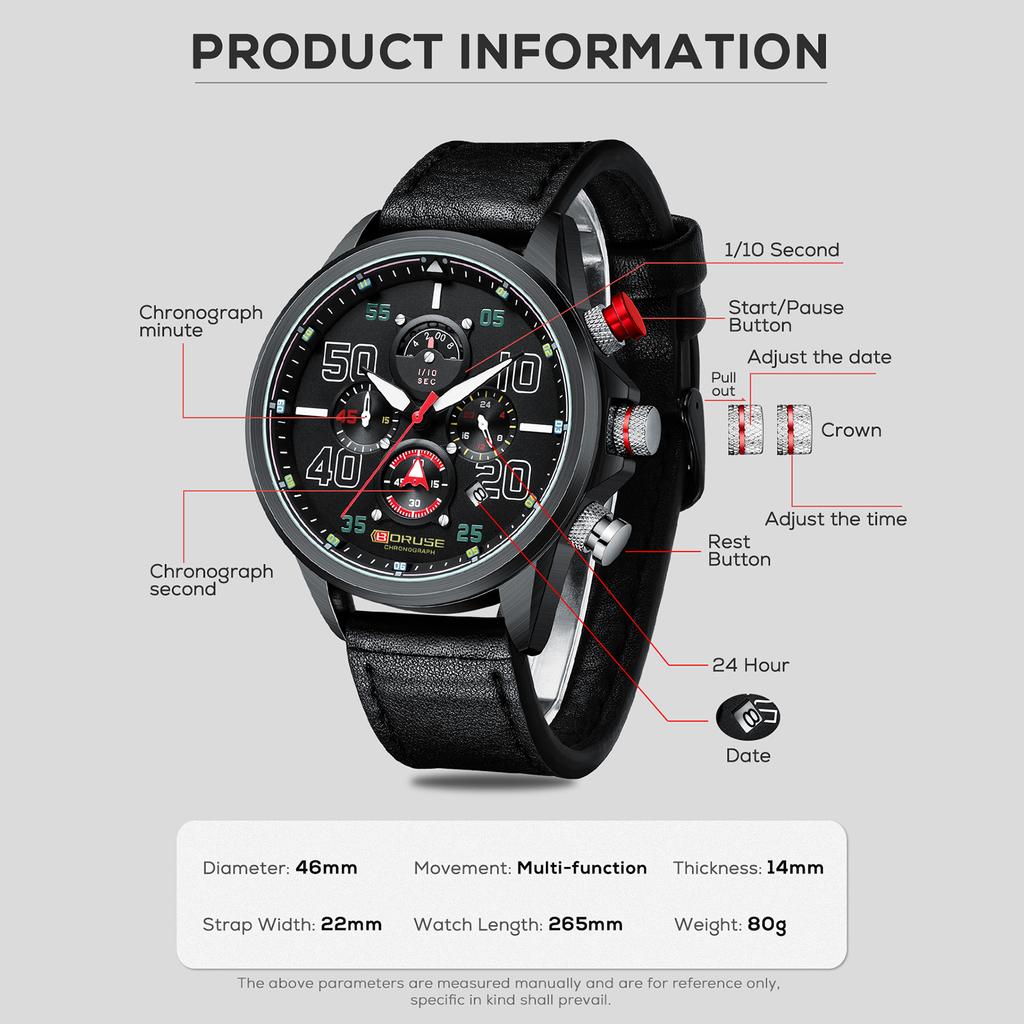 BORUSE Классические повседневные часы Мужские часы Большой циферблат Большие цифры Мужские часы Стрелочные кварцевые мужские часы Классические повседневные часы Кожаный ремешок