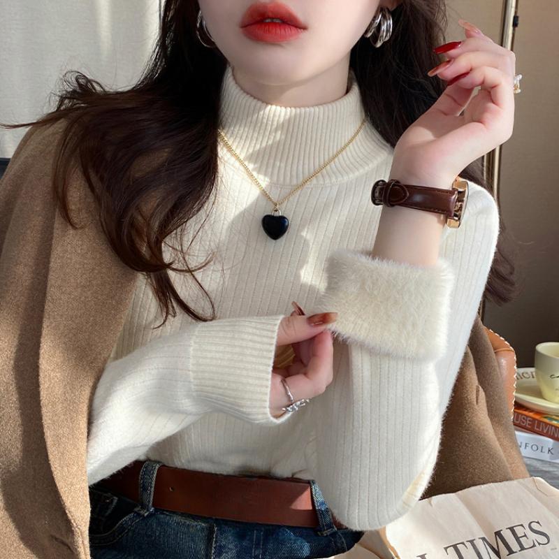 Fashion Thick Half High Neck Plush Base Sweater Women New Autumn and Winter Velvet Knitted Sweaters Tops Office Lady Casual Warm Knitwear 24866
