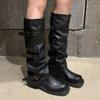 Internet Celebrity Grape Mother with the Same Height Increased 6cm~ Fashionable Belt Buckle Square Round Head Folds Tall Knight Boots Women's Aut