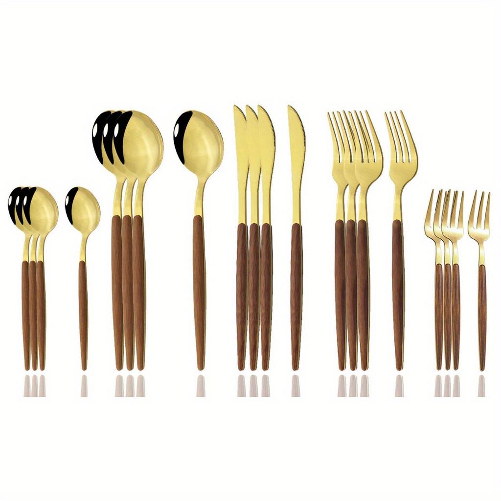 Набор столовых приборов из серебра премиум-класса из нержавеющей стали, 20 предметов, эргономичная деревянная ручка, зеркальная полировка, на 4 персоны