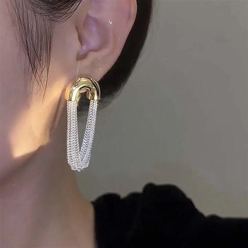 Fashion Metal U Shape Tassel Chain Earrings For Women Elegant Multi Layer Geometric Personality Earrings Jewelry