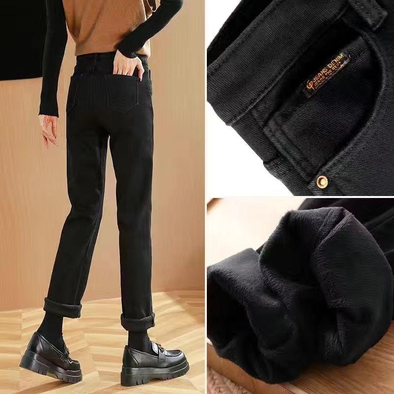 Spring Winter New Plus Velvet Women Jeans Button High Waist Solid Pants Pockets Thicken Fashion Casual Straight Trousers 2022
