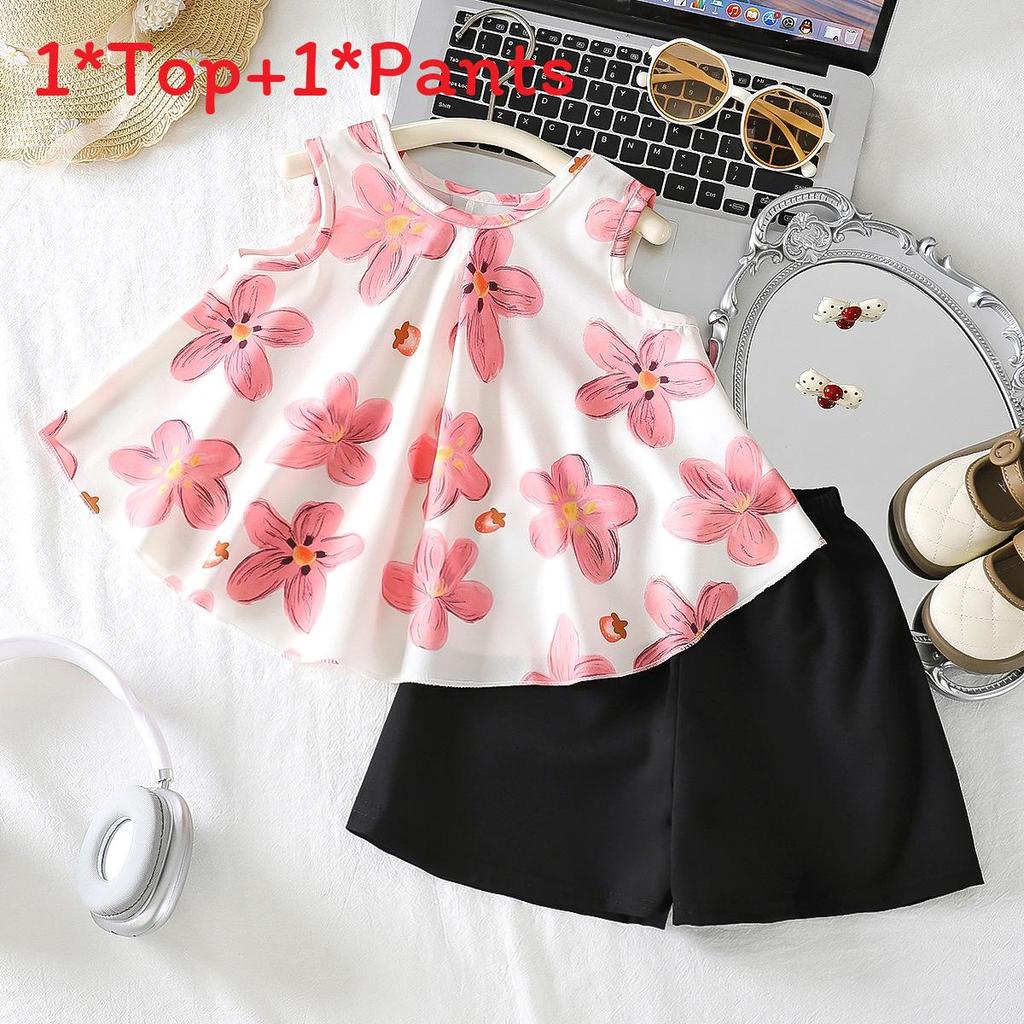 Summer Girl Girl Girl Tank Top And Shorts Set With Floral Pattern For Toddler Girls