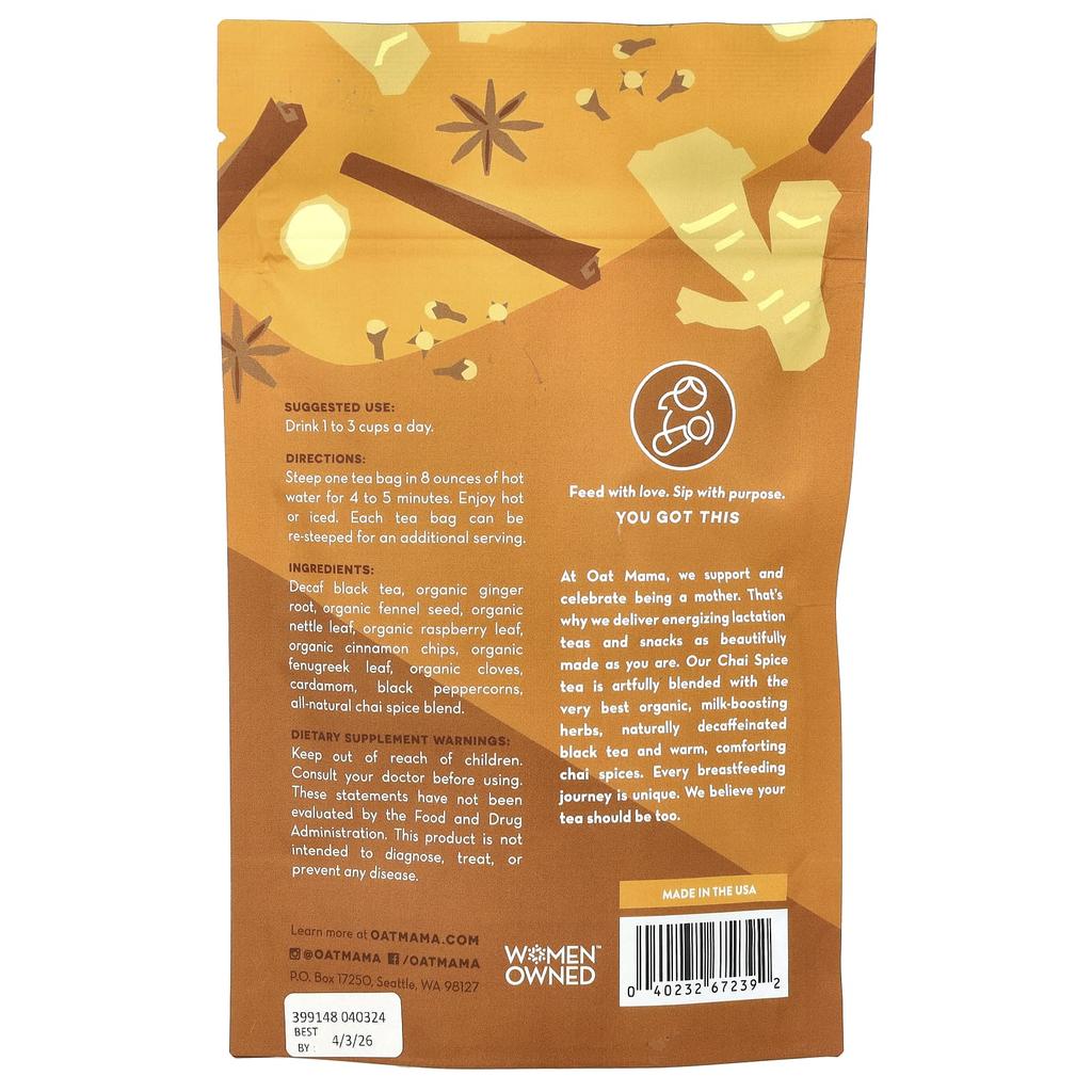 Oat Mama Чай для грудного вскармливания, Chai Spice, без кофеина, 14 пакетиков, 32 г