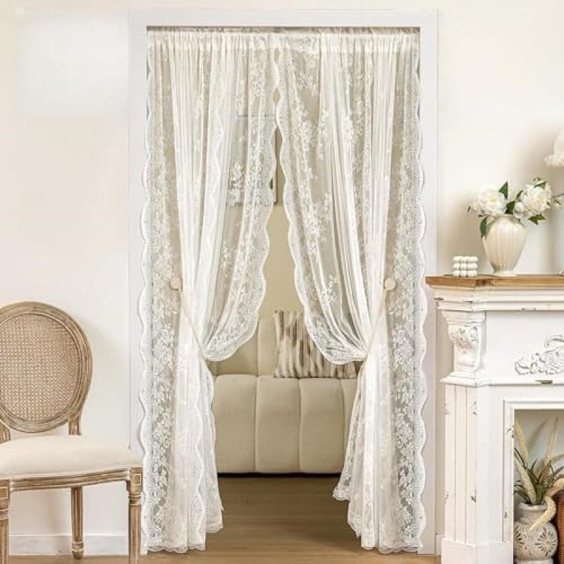 Elegant Floral Lace Sheer Curtain With Rod Set Living Room Dining Decor