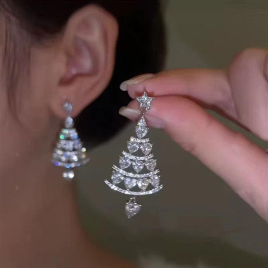 Vintage Crystal Zircon Christmas Tree Earrings for Women Temperament Rhinestone Tassel Drop Earrings Party Jewelry Bijoux Gifts