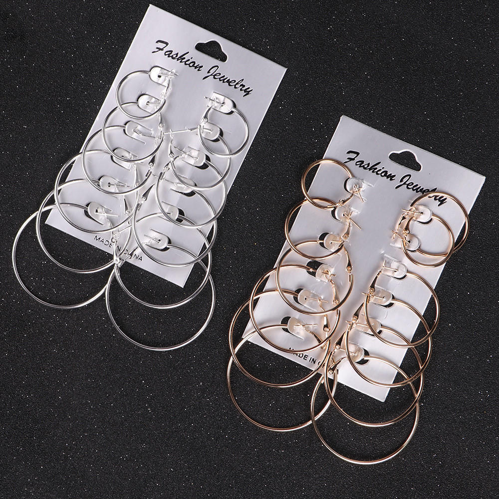 6Pairs/set Vintage Gold Big Circle Hoop Earrings Women Steampunk Clip