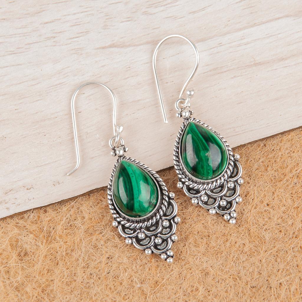 Natural Malachite Gemstone 925 Sterling Silver Jewelry Handcrafted Earrings 1.9" EE-85-24