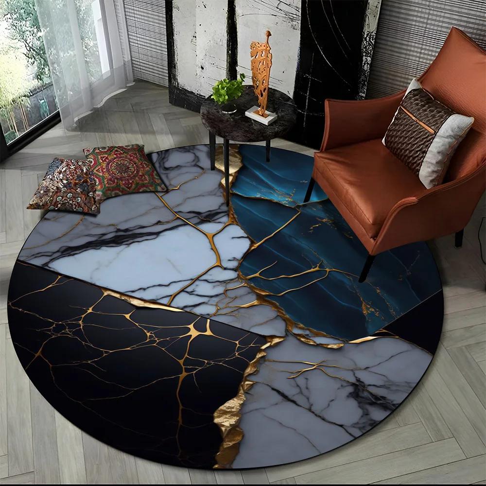 3D Luxurious Colour Marble Blue Green Gold Round Carpet Rug for Living Room Bedroom Child Chair Decor,Pet Area Rug Non-slip Mat