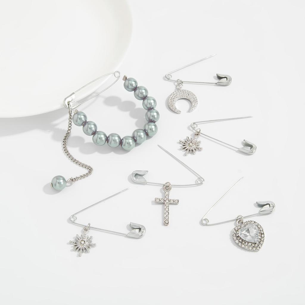 6 шт./набор Элегантная брошь из искусственного жемчуга Женский тренд Солнце Луна Любовь Сердце Крест Подвеска Булавка Одежда DIY Ювелирный аксессуар