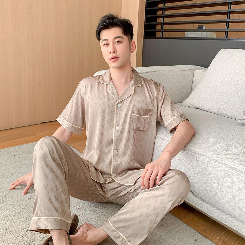 Pajamas Men's Ice Silk Short Sleeve Trousers Summer Jacquard Men's Summer Silk Homewear Suit Large Size