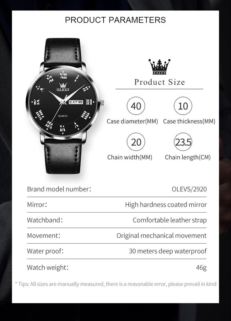 OLEVS 2920 Original Brand Quartz Watch for Man Calendar Leather Strap Waterproof Luminous Men's Busienss Dress Wristwatch