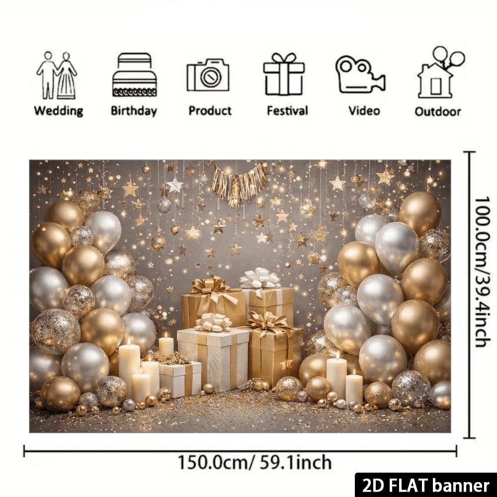 2D plane, 1 piece of platinum balloon birthday party backdrop fabric, combination of champagne gold and silver balloons