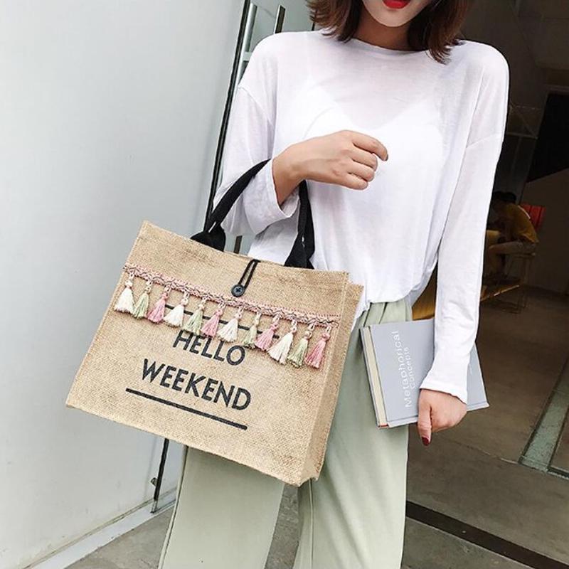 Yogodlns Women's Linen Handbag Large Capacity Tassel Ladies Travel Beach Shopping Casual Shoulder Bag