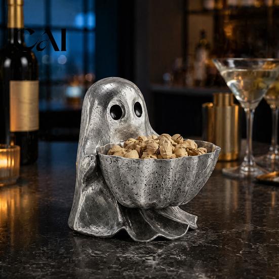 Desktop Decorative Bowls Halloween Ghost Candy Bowl, Resin Storage Dish, Silver Table Decor Gray Snack Holder, for Home Tabletop And Entryway