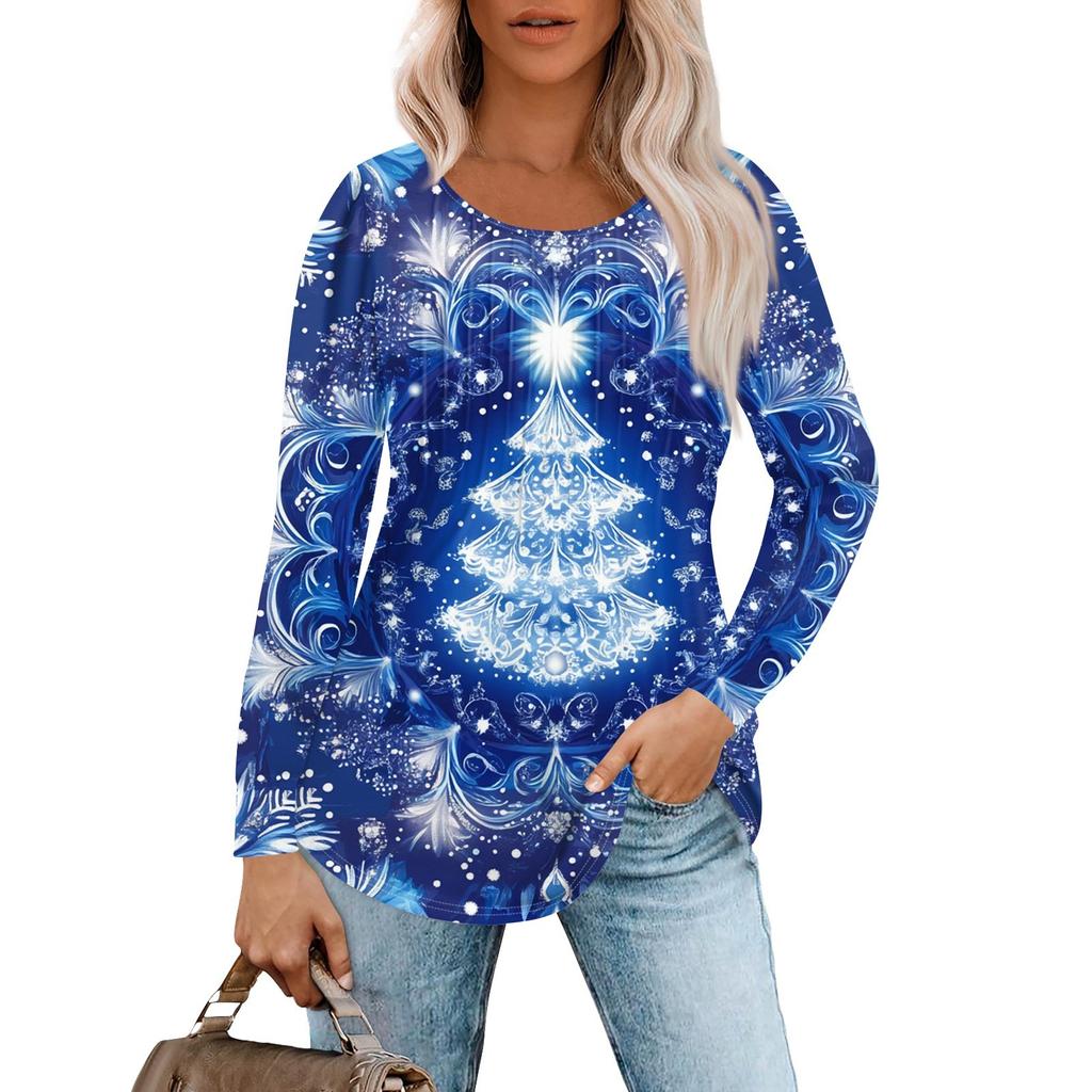 Women's Casual Top Christmas Printed Round Neck Long Sleeved Pleated T-shirt